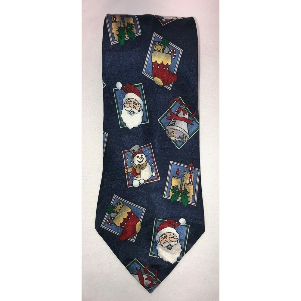 NOS‎ Massini Navy Christmas Santa Snowmen Candles Silk Neck Tie - Length 58"